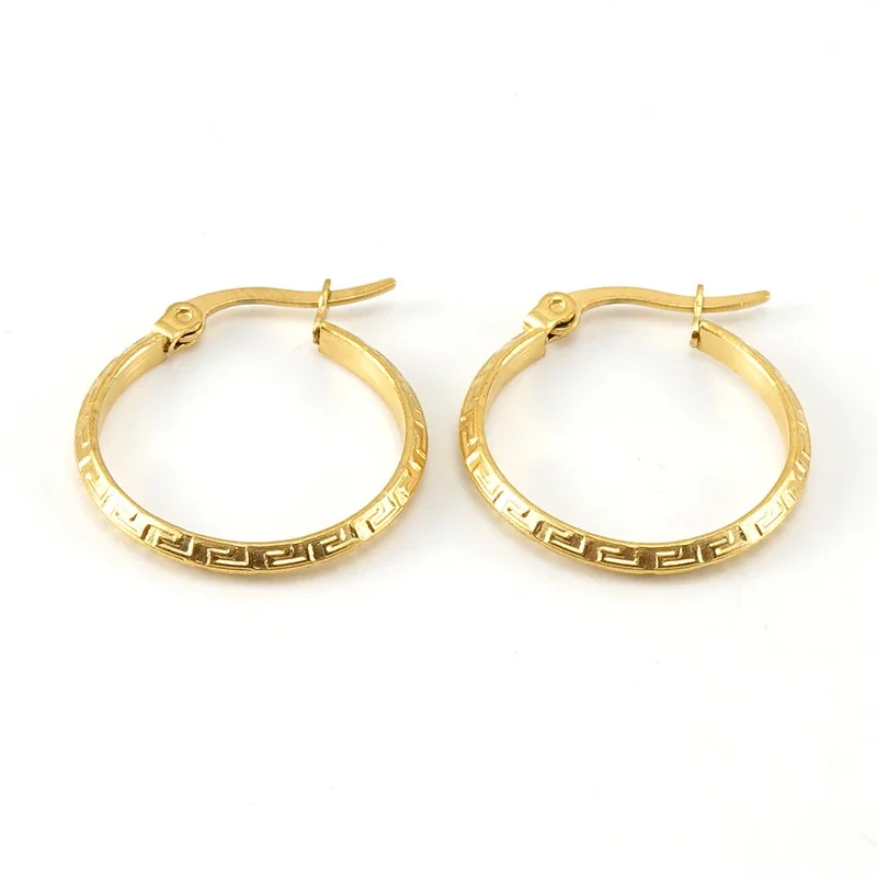 Sleek Gold PVD Greek Key Round Hoop Earrings