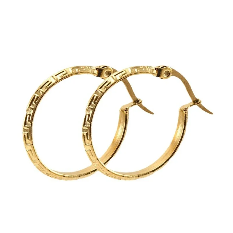 Sleek Gold PVD Greek Key Round Hoop Earrings