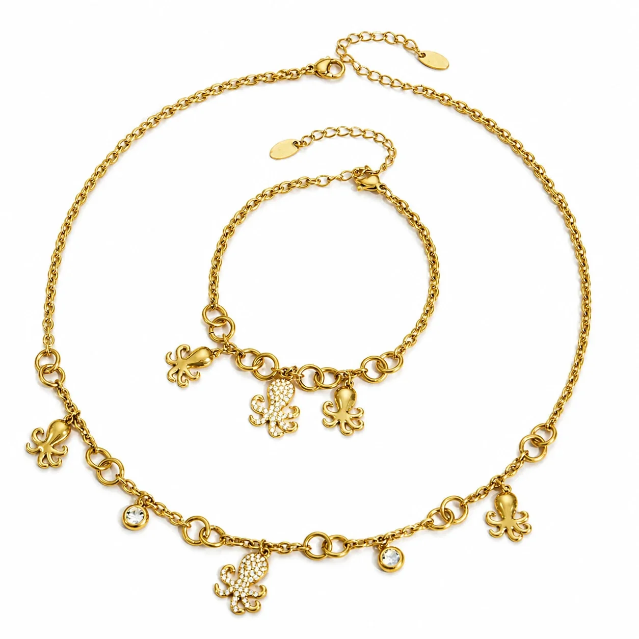 Octopus Charm Gold PVD 316L Stainless Steel CZ Chain Jewelry Set