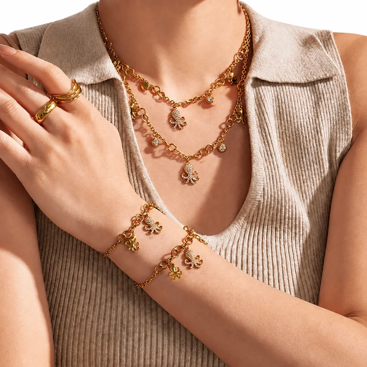 Octopus Charm Gold-Plated 316L CZ Chain Jewelry Set