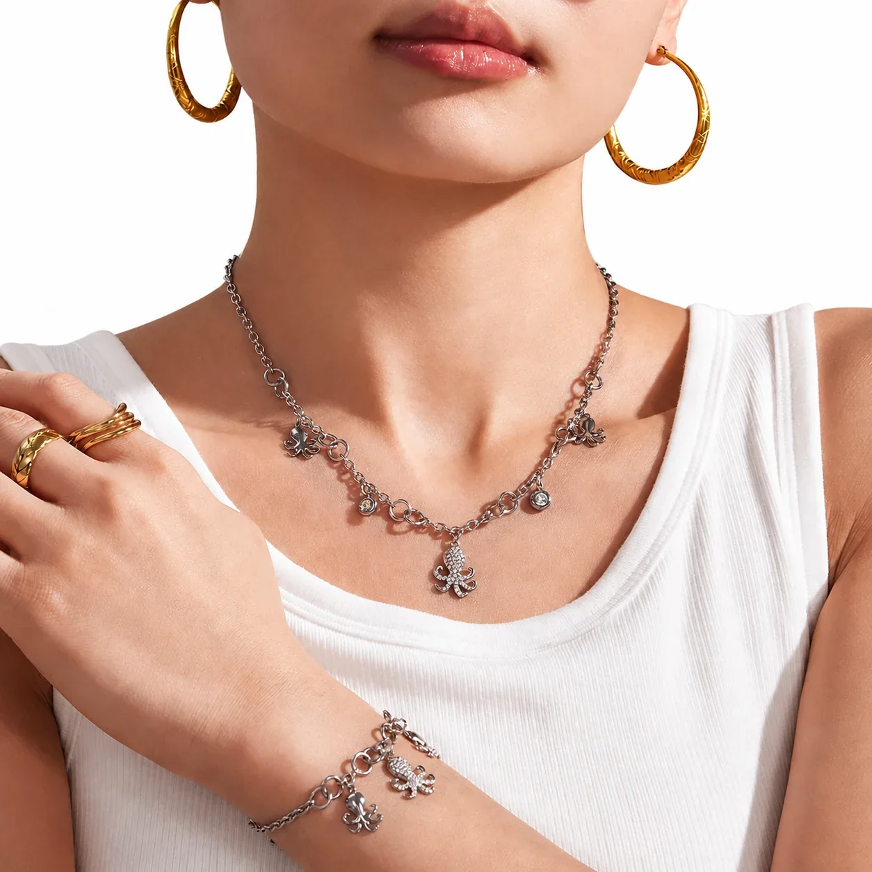 Octopus Charm Gold-Plated 316L CZ Chain Jewelry Set