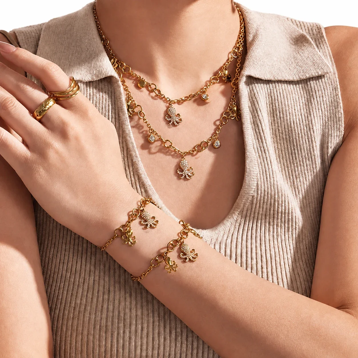 Octopus Charm Gold-Plated 316L CZ Chain Jewelry Set