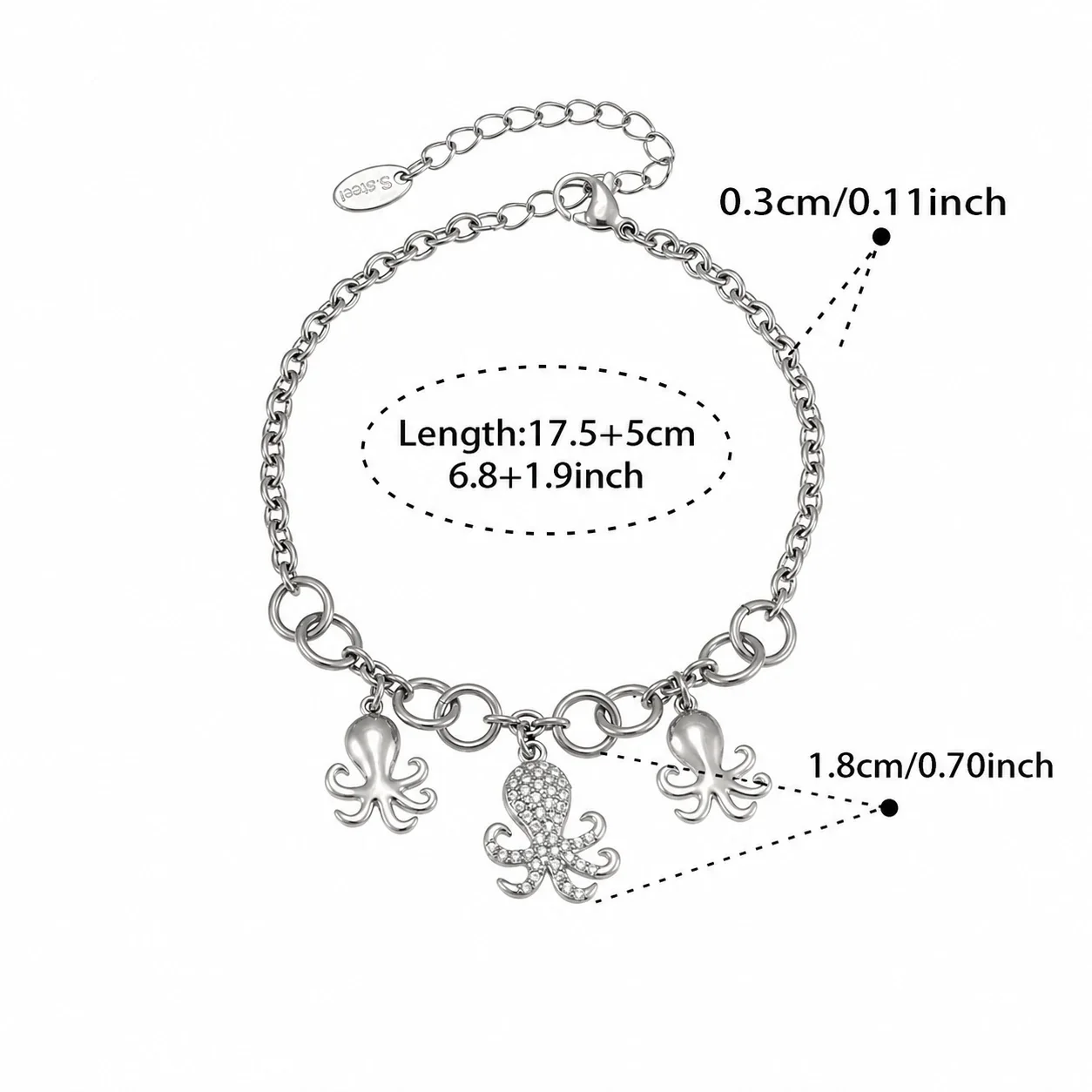 Octopus Charm Gold-Plated 316L CZ Chain Jewelry Set - Silver 17.5+5 cm