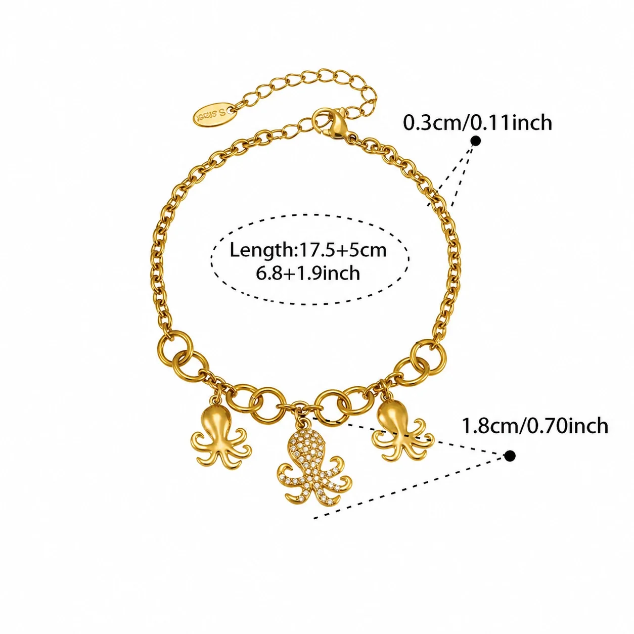 Octopus Charm Gold-Plated 316L CZ Chain Jewelry Set - Gold 17.5+5 cm