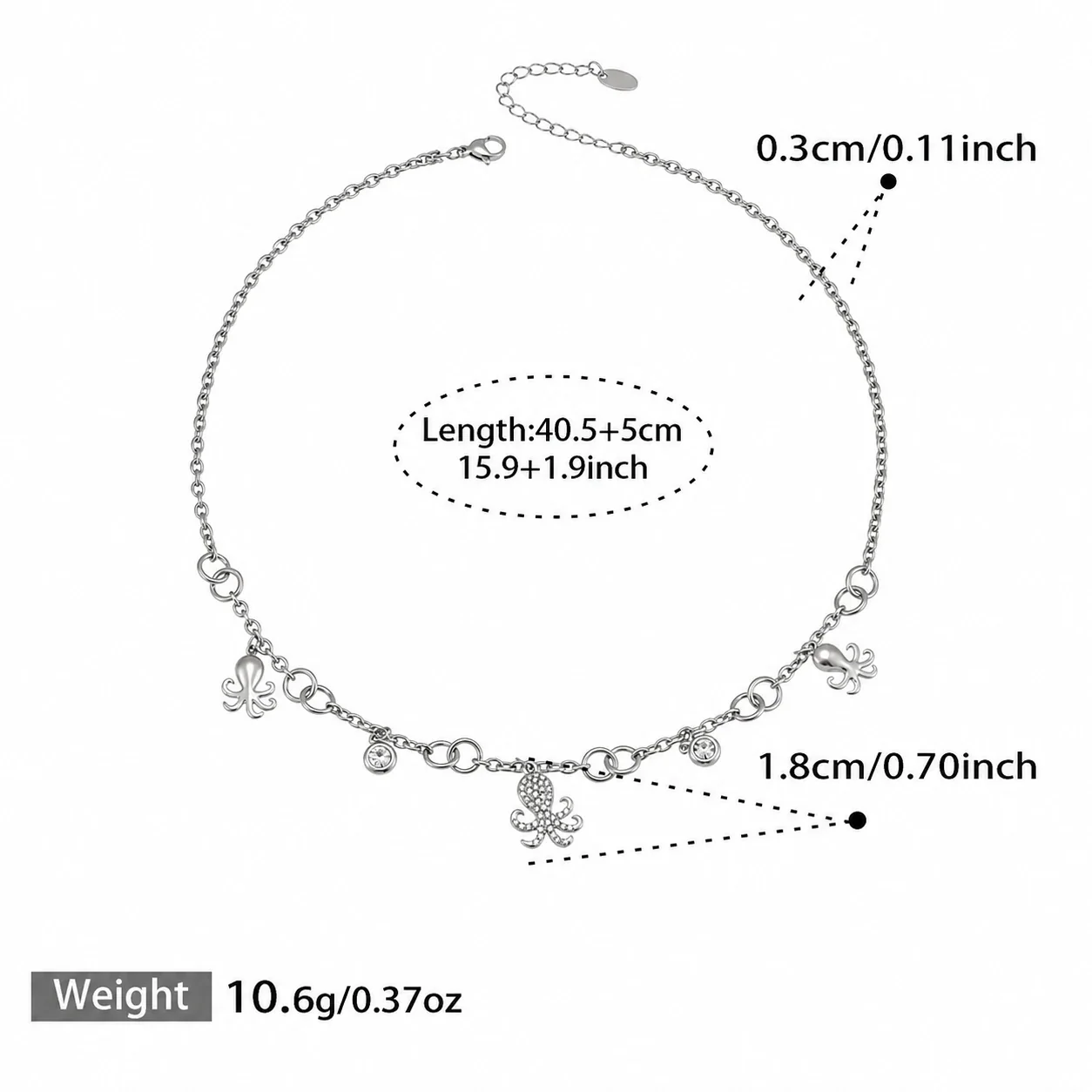 Octopus Charm Gold-Plated 316L CZ Chain Jewelry Set - Silver 40.5+5 cm
