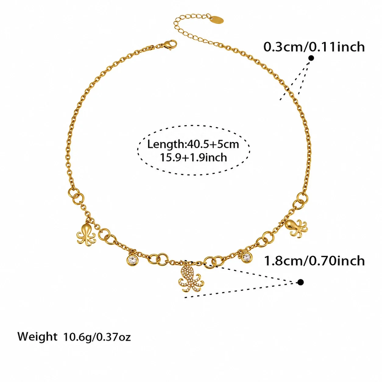 Octopus Charm Gold-Plated 316L CZ Chain Jewelry Set - Gold 40.5+5 cm