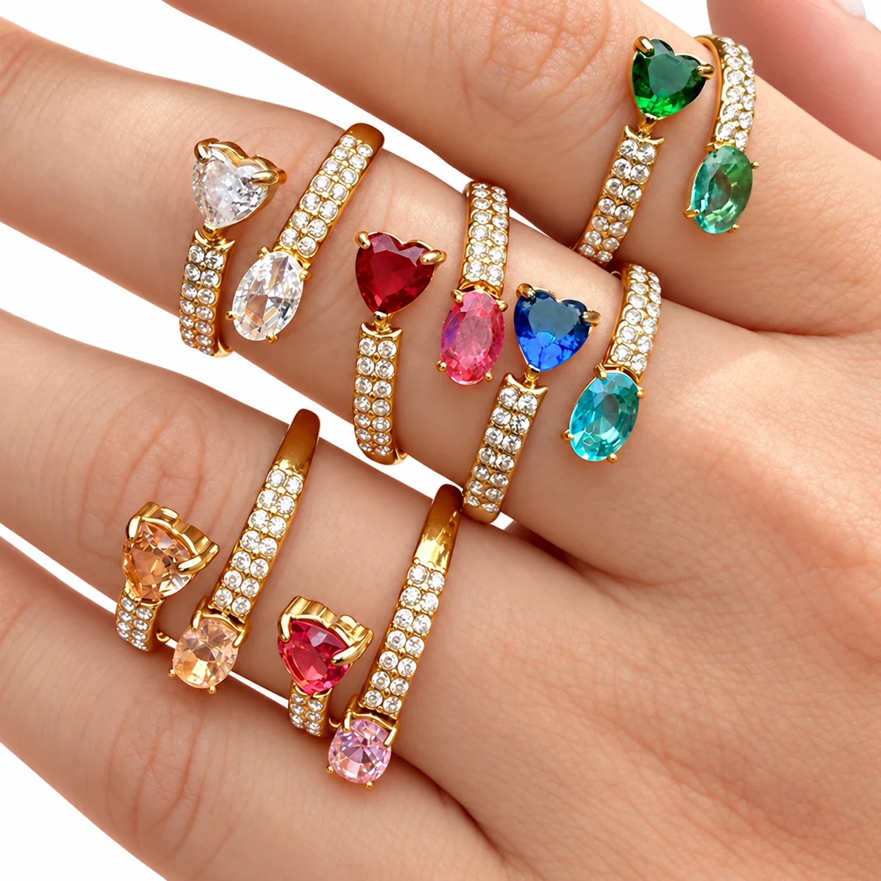 Ring: Open hart & ovale CZ pavé, verguld roestvrij staal productfoto