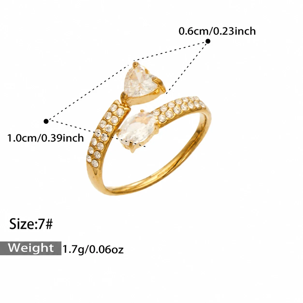 Ring: Open hart & ovale CZ pavé, verguld roestvrij staal productfoto