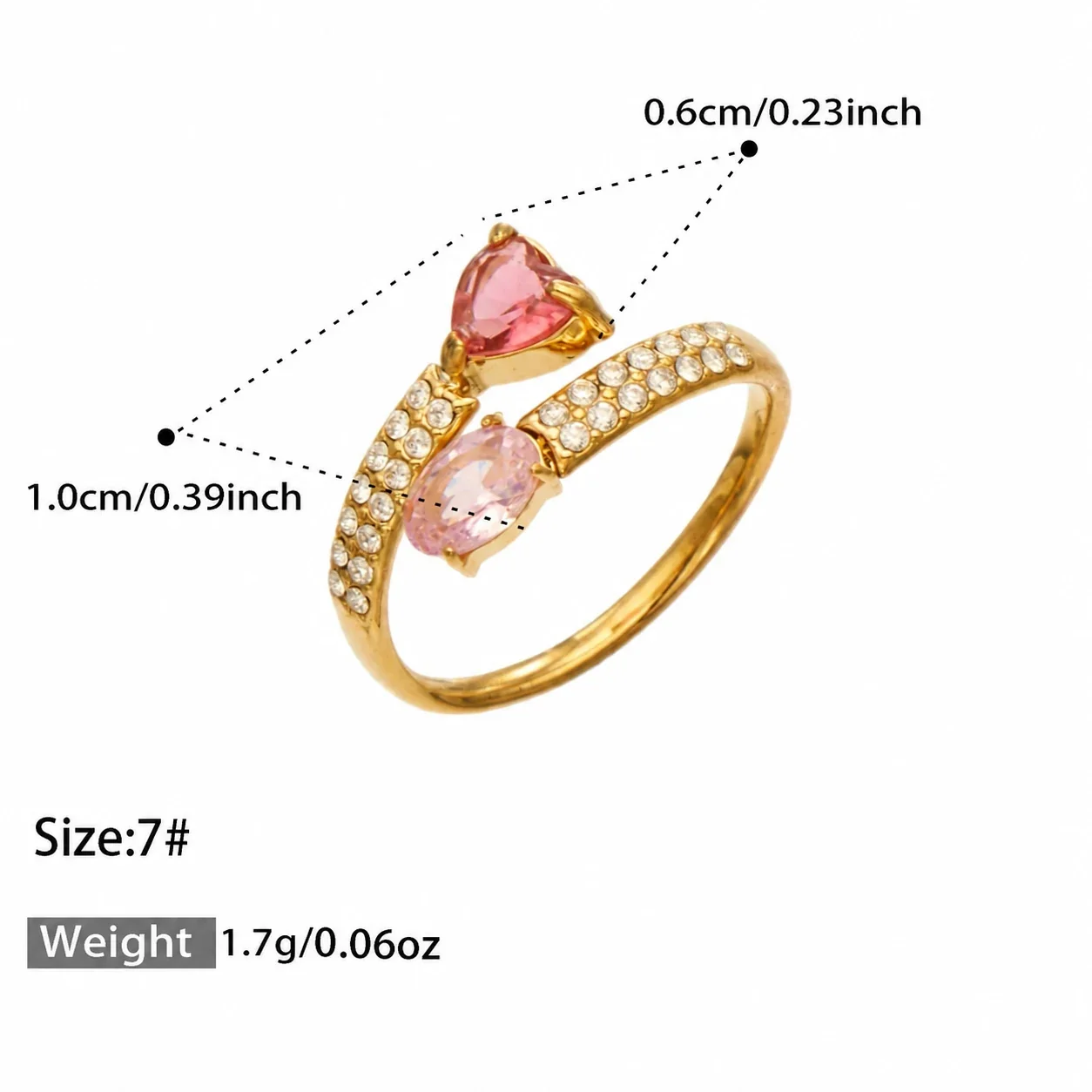 Ring: Open hart & ovale CZ pavé, verguld roestvrij staal productfoto