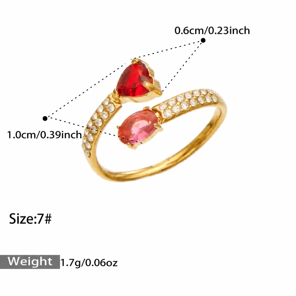 Ring: Open hart & ovale CZ pavé, verguld roestvrij staal productfoto