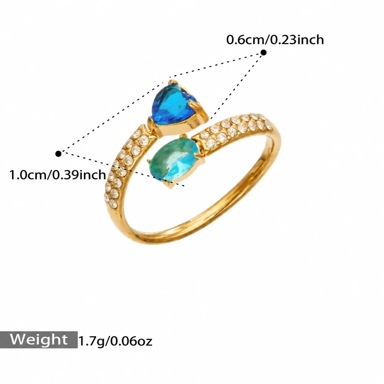 Ring: Open hart & ovale CZ pavé, verguld roestvrij staal productfoto