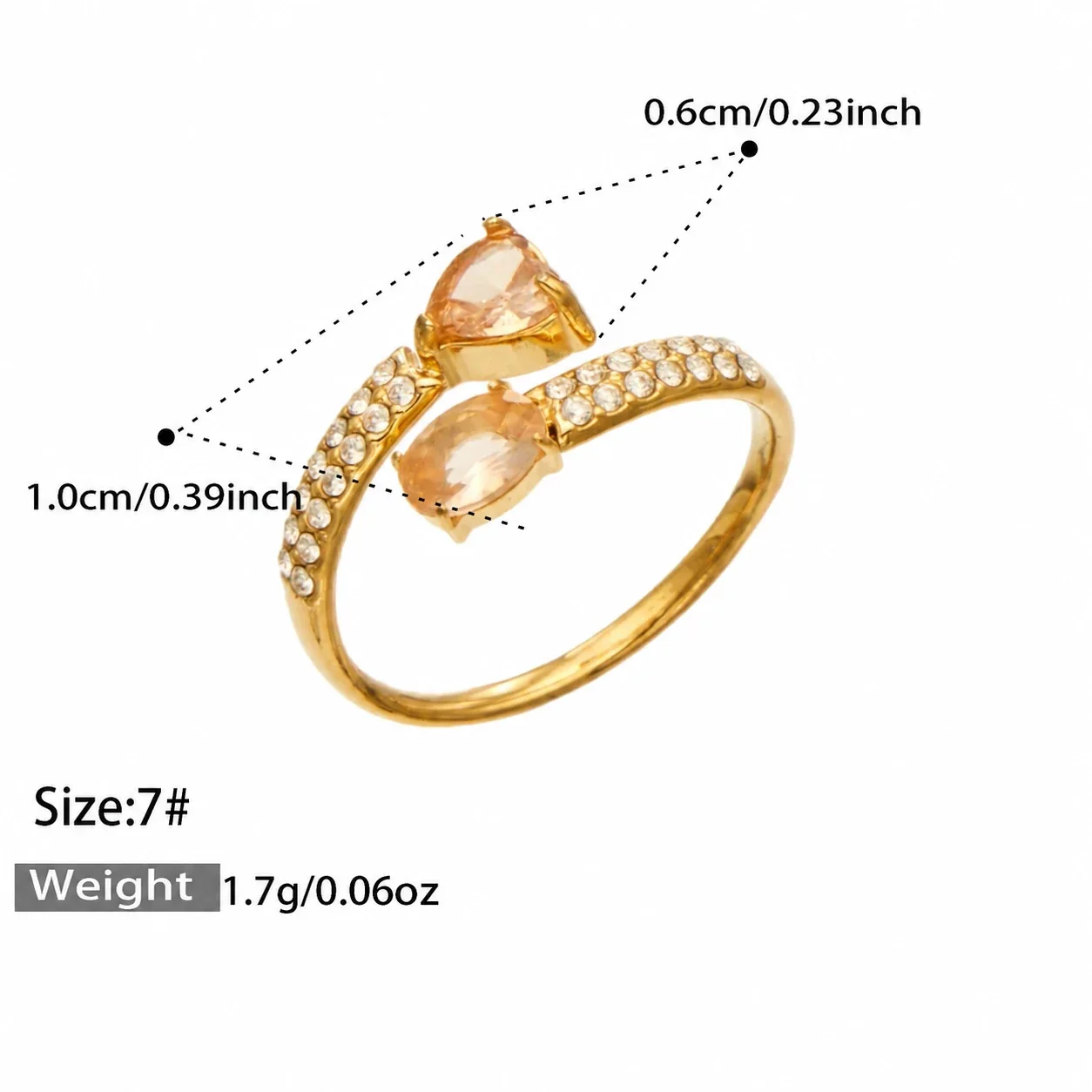 Ring: Open hart & ovale CZ pavé, verguld roestvrij staal productfoto