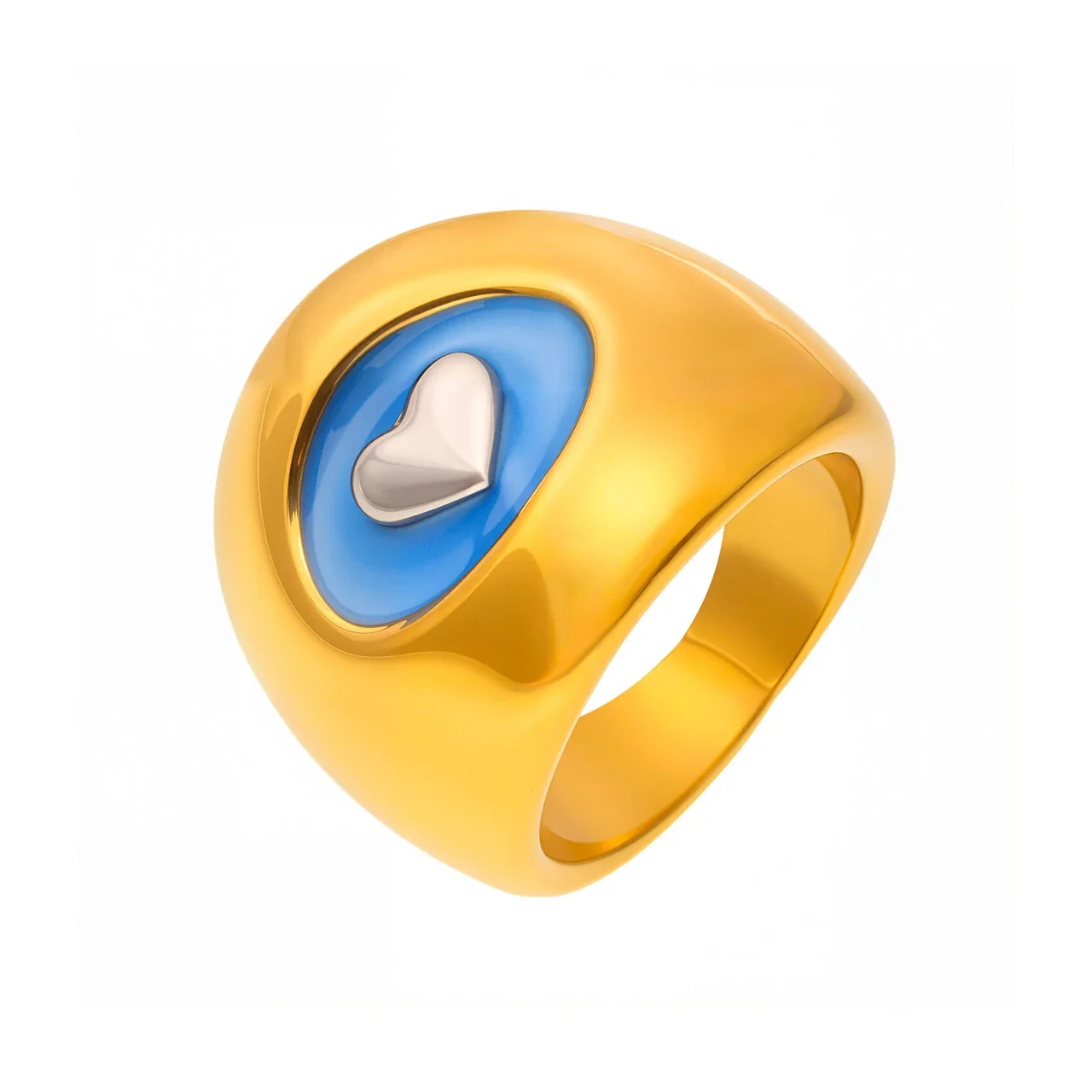 Bold 18K Gold-Plated 316L Blue Enamel Heart Signet Ring