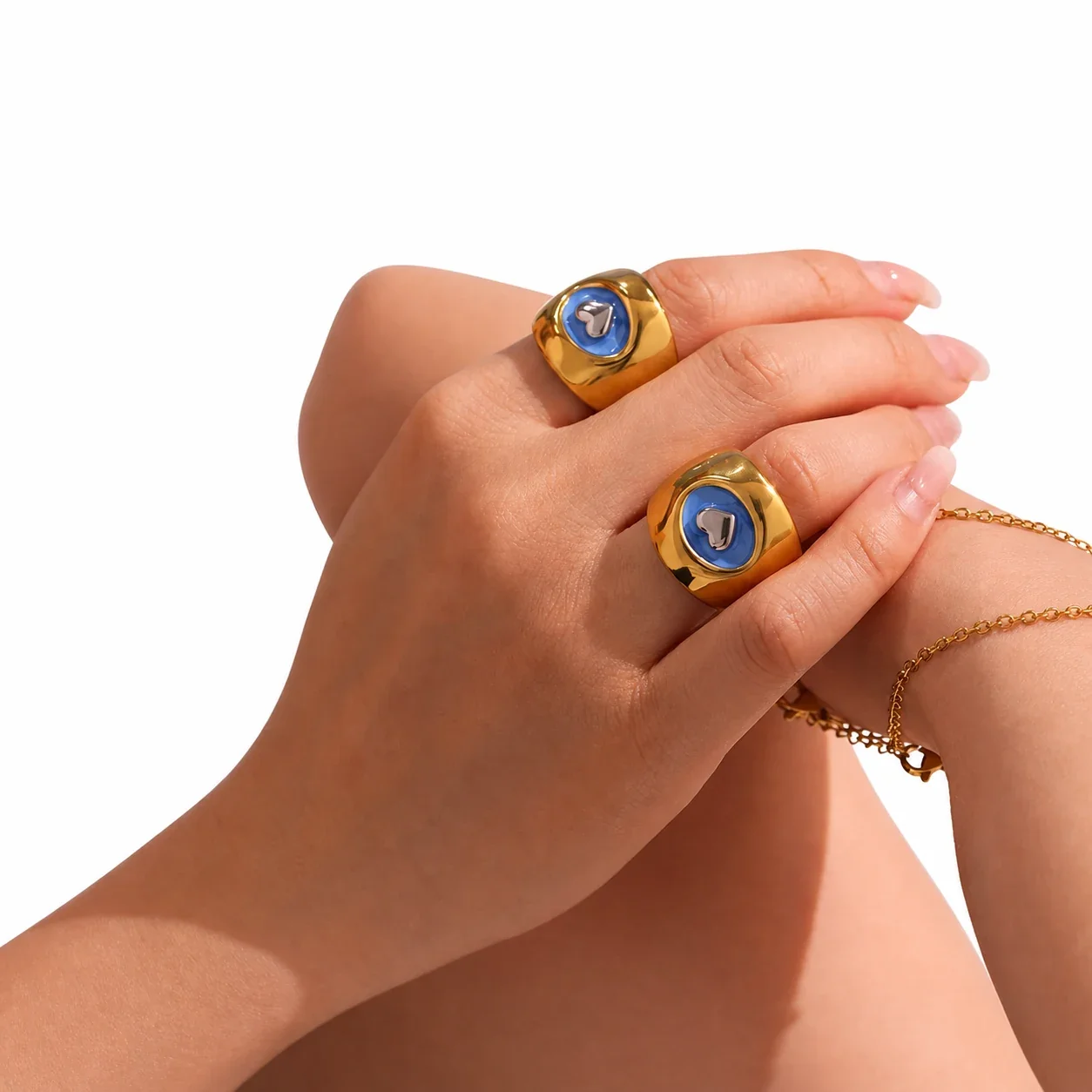 Bold 18K Gold-Plated 316L Blue Enamel Heart Signet Ring