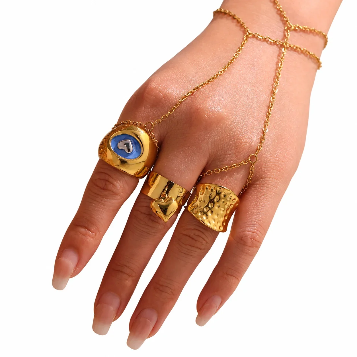 Bold 18K Gold-Plated 316L Blue Enamel Heart Signet Ring