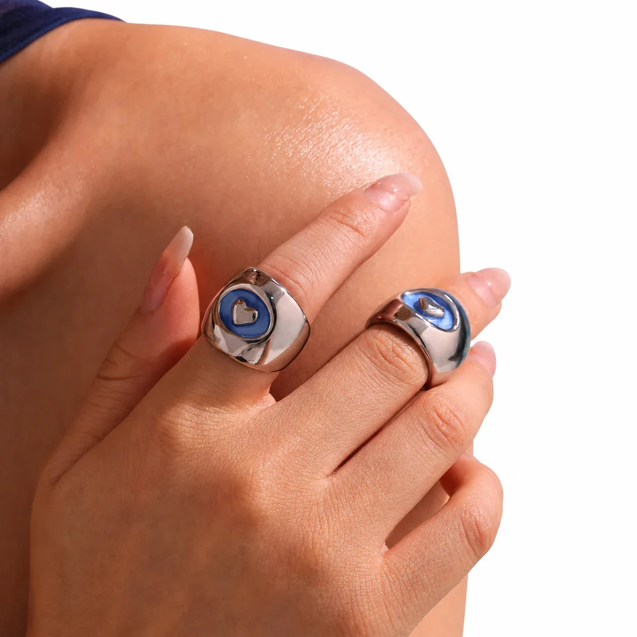 Bold 18K Gold-Plated 316L Blue Enamel Heart Signet Ring