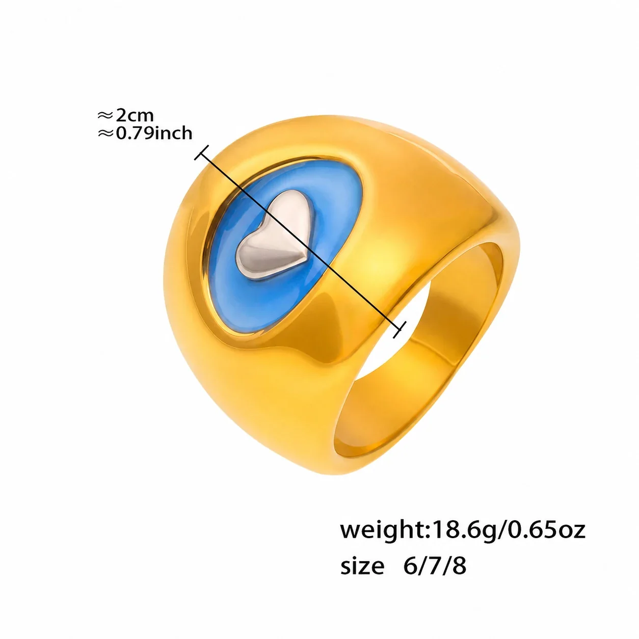 Bold 18K Gold-Plated 316L Blue Enamel Heart Signet Ring - Gold Heart Enamel