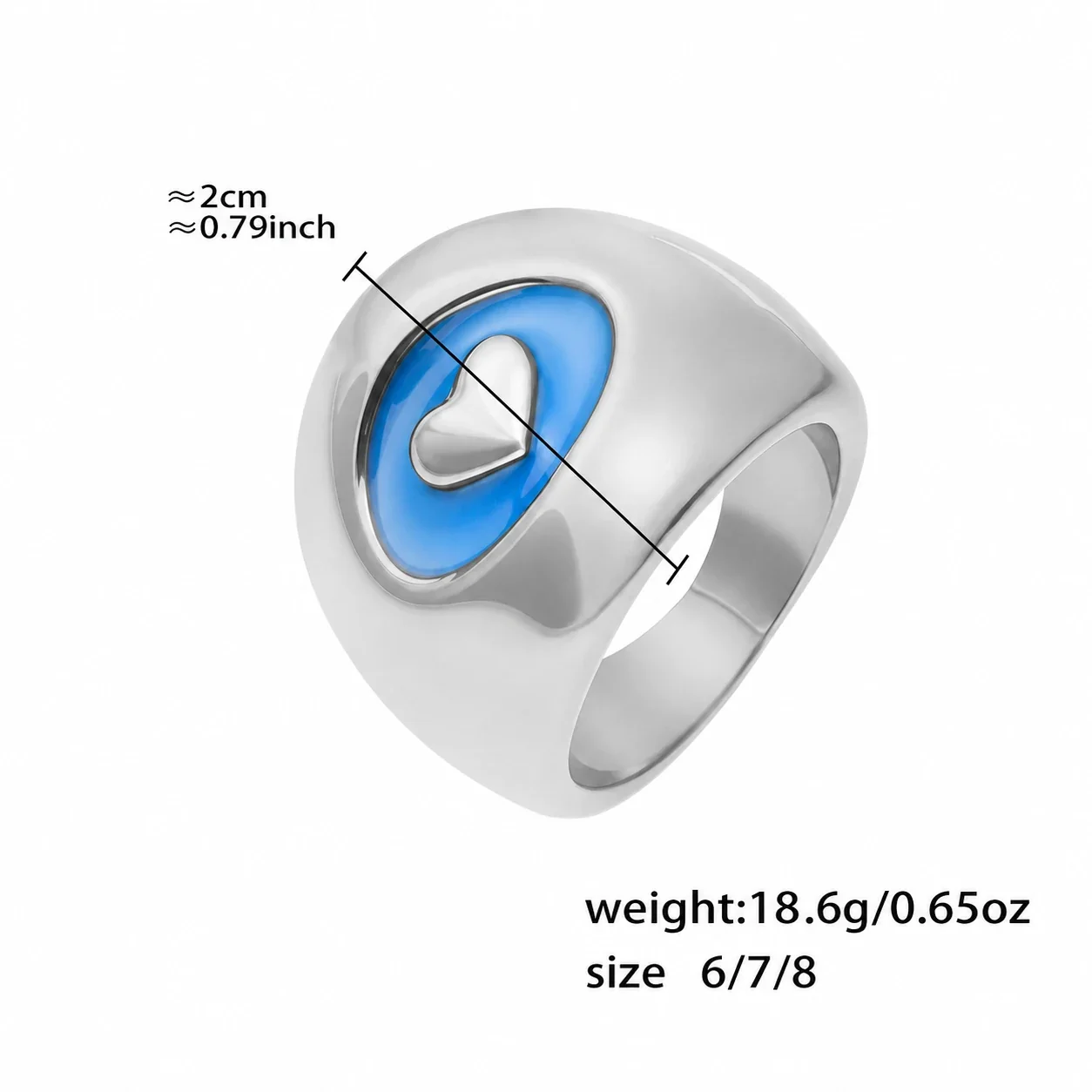 Bold 18K Gold-Plated 316L Blue Enamel Heart Signet Ring - Silver Heart Enamel