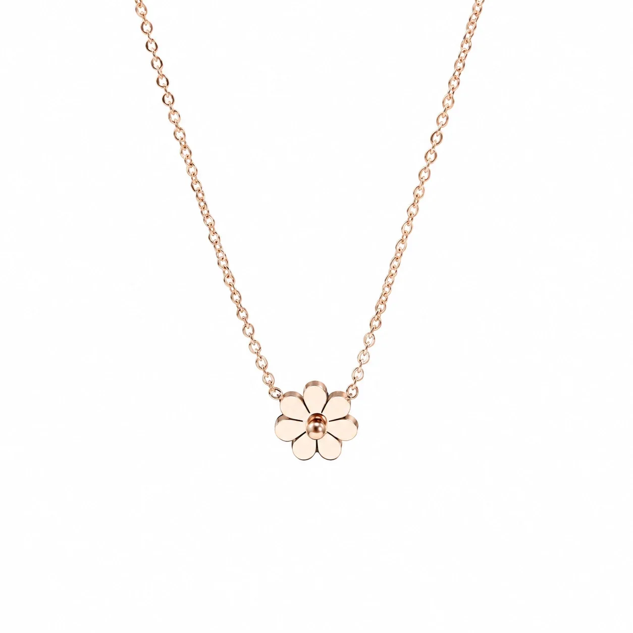 Daisy Pendant Necklace with Eight Petals in 18K Gold-Plated Steel - Rose Gold Daisy