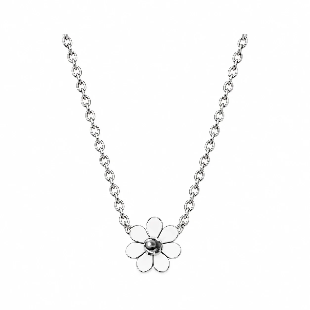 Daisy Pendant Necklace with Eight Petals in 18K Gold-Plated Steel - Silver Daisy