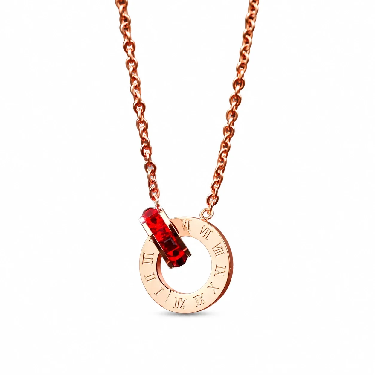 Daisy Pendant Necklace with Eight Petals in 18K Gold-Plated Steel - Red Crystal Double