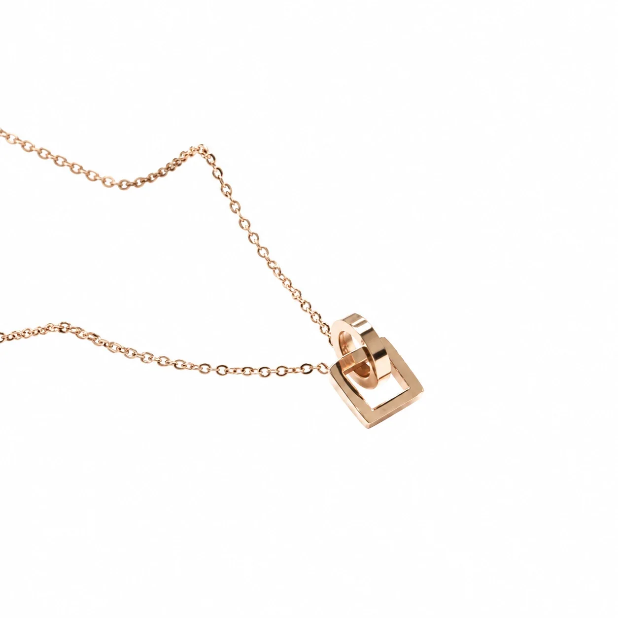 Daisy Pendant Necklace with Eight Petals in 18K Gold-Plated Steel - Rose Gold Circle and Square
