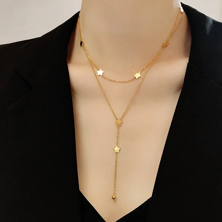 Gelaagde Lariatketting met Sterren van 18K Verguld Roestvrij Staal productfoto