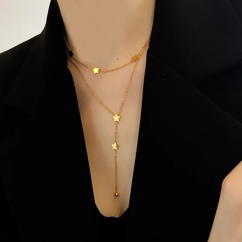Gelaagde Lariatketting met Sterren van 18K Verguld Roestvrij Staal productfoto