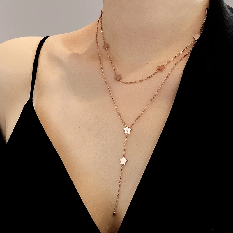 Gelaagde Lariatketting met Sterren van 18K Verguld Roestvrij Staal productfoto