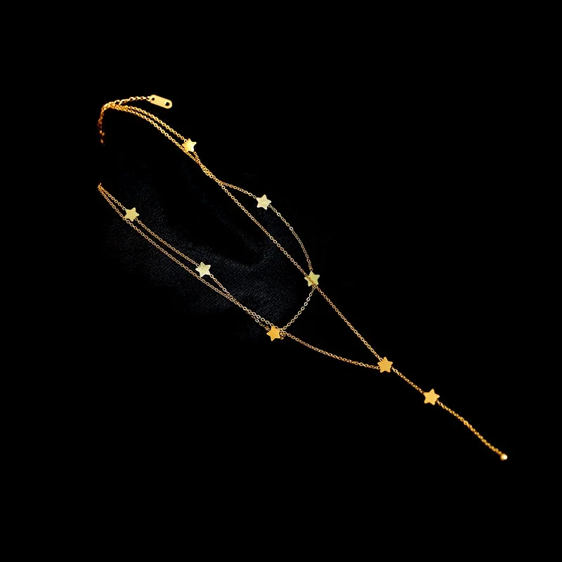 Gelaagde Lariatketting met Sterren van 18K Verguld Roestvrij Staal productfoto