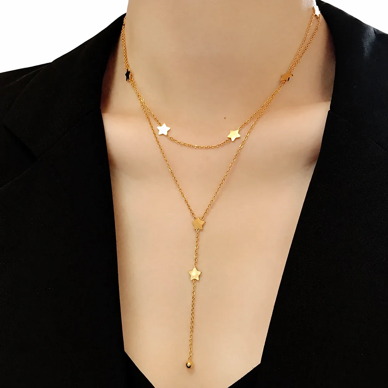 Gelaagde Lariatketting met Sterren van 18K Verguld Roestvrij Staal productfoto