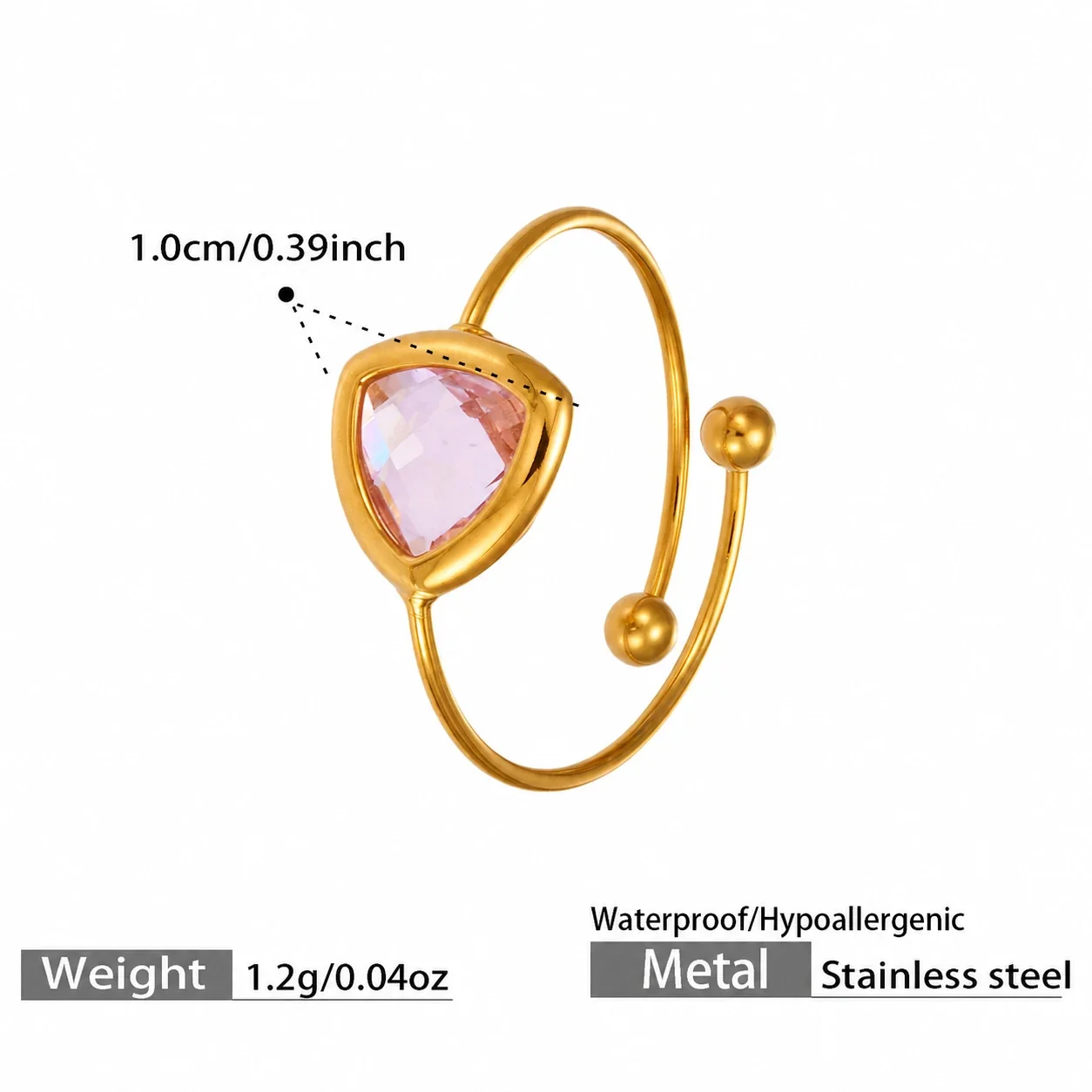 Radiant 316 Stainless Triangle Glass Ring - Gold Pink Triangle Glass