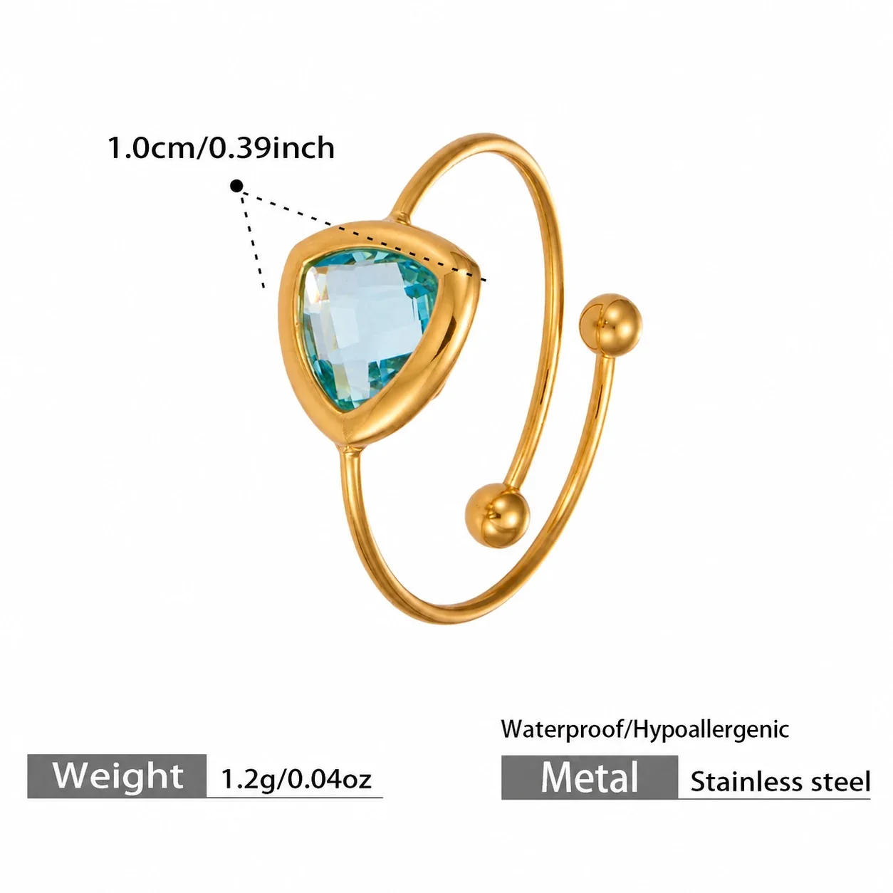 Radiant 316 Stainless Triangle Glass Ring - Gold Light Blue Triangle Glass