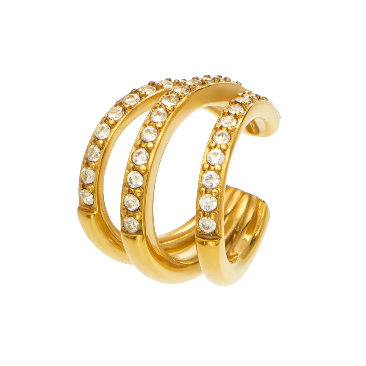 Ear Cuff Triplo com Filas de Cristais em Aço Inoxidável 316 Dourado PVD