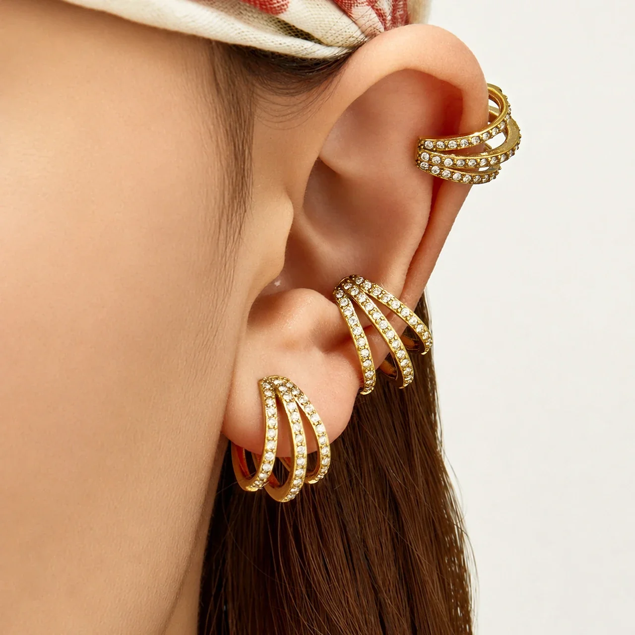 Ear Cuff Triple Crystal Rows 316 Stainless Steel Gold PVD