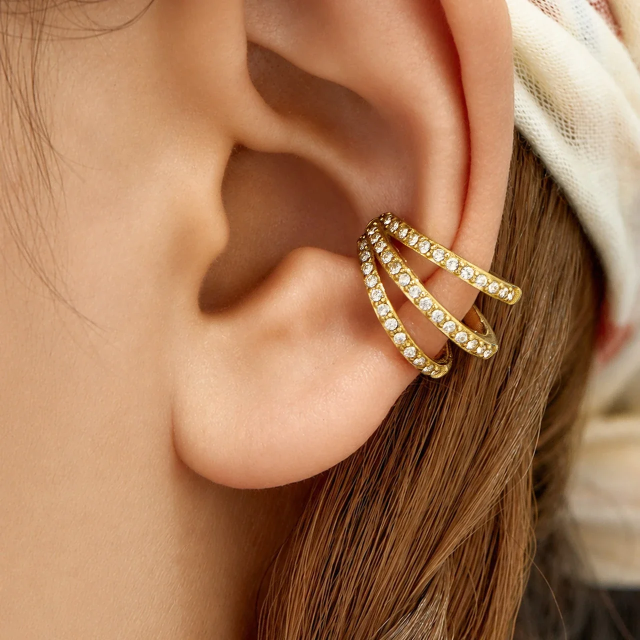 Ear Cuff Triple Crystal Rows 316 Stainless Steel Gold PVD