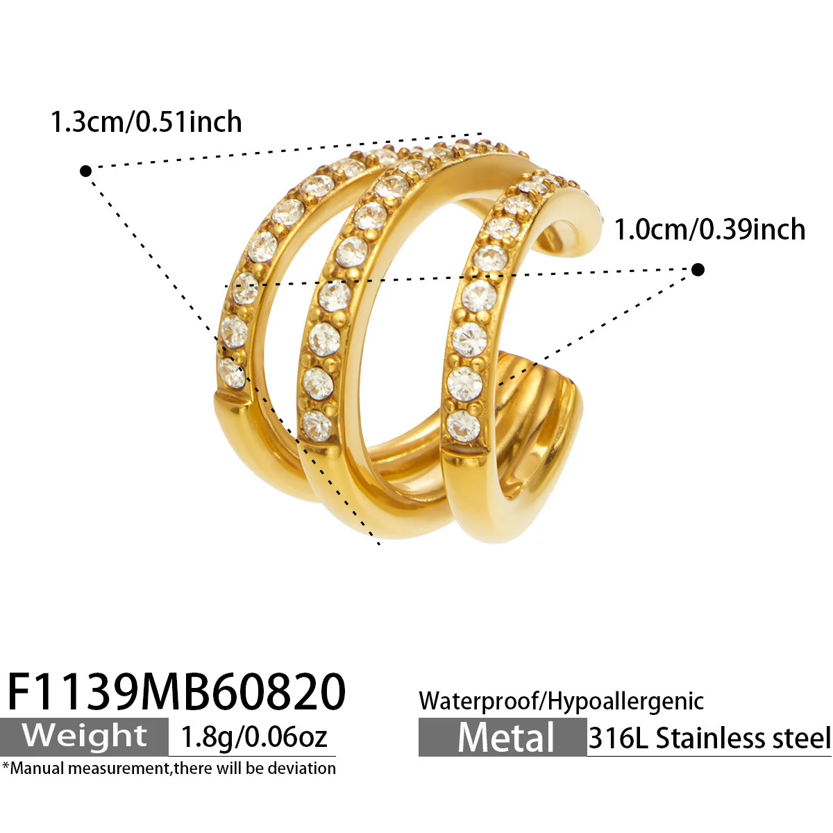 Ear Cuff Triple Crystal Rows 316 Stainless Steel Gold PVD - Dimensions