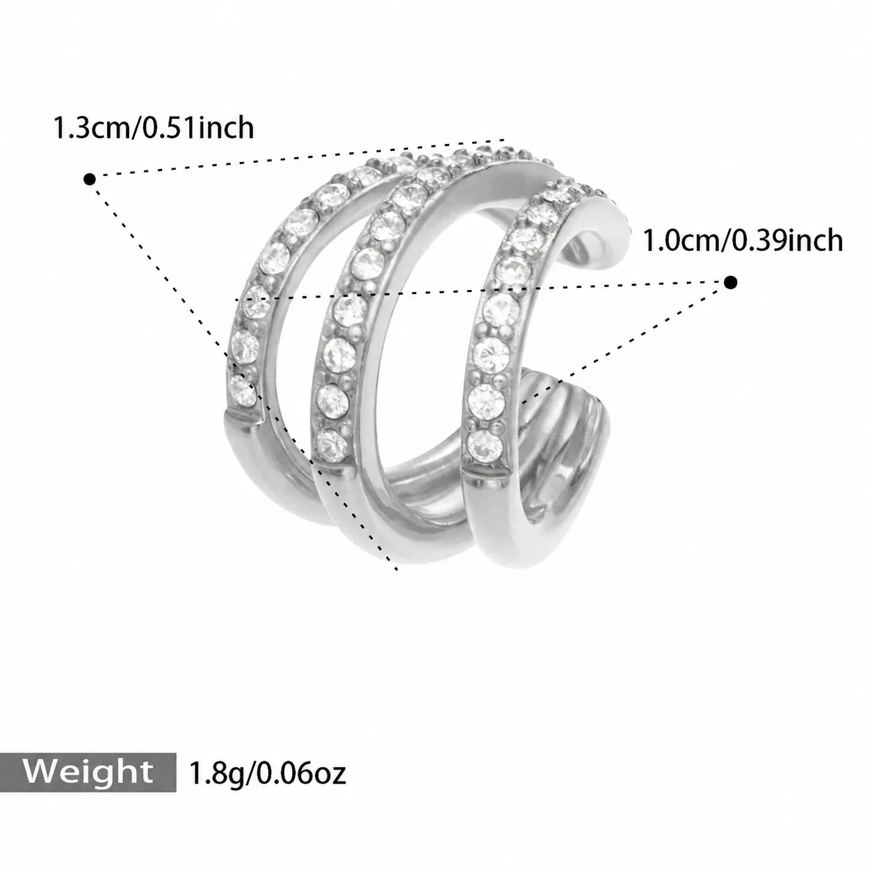 Ear Cuff Triple Crystal Rows 316 Stainless Steel Gold PVD - Silver Single Piece