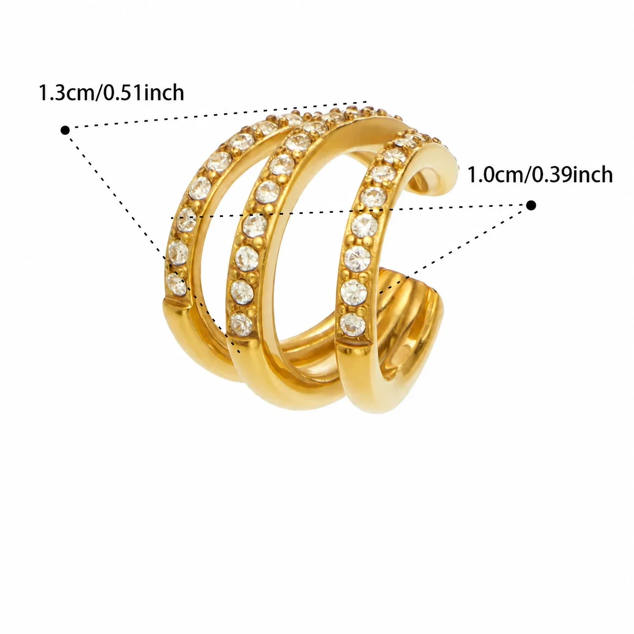 Ear Cuff Triple Crystal Rows 316 Stainless Steel Gold PVD - Gold Single Piece