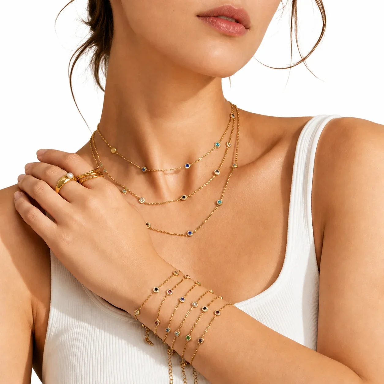 Delicate Bezel CZ Station Stainless Steel Jewelry Set