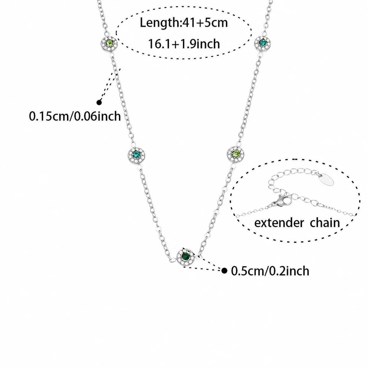 Delicate Bezel CZ Station Stainless Steel Jewelry Set - Silver Green CZ 41+5 cm