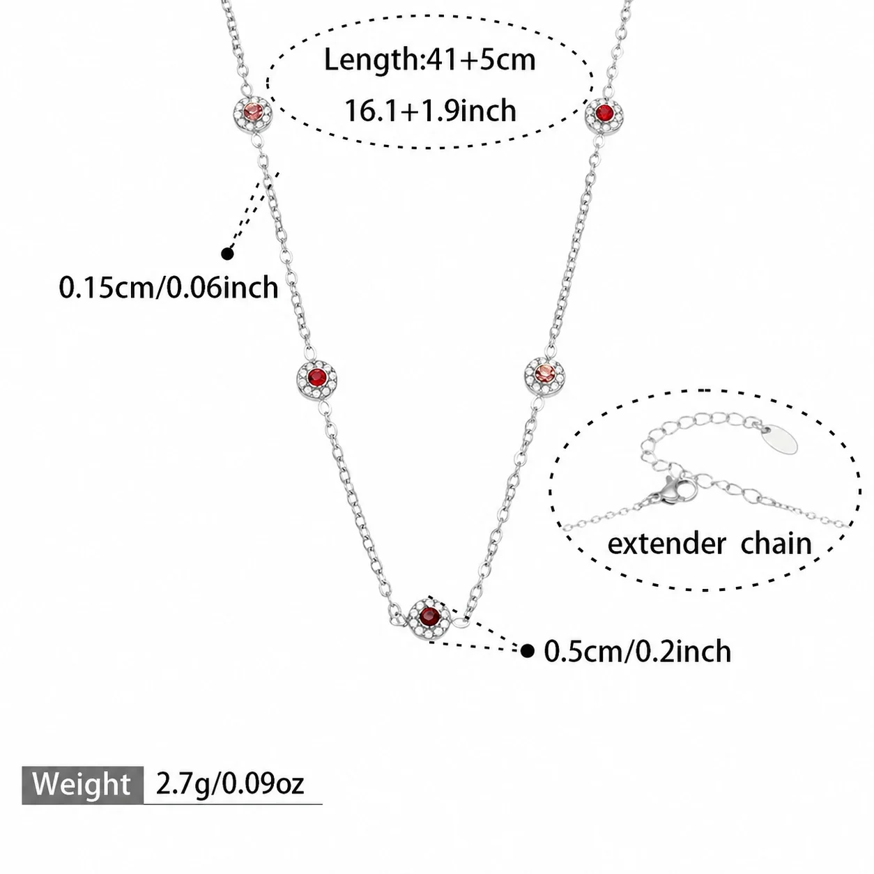 Delicate Bezel CZ Station Stainless Steel Jewelry Set - Silver Red CZ 41+5 cm
