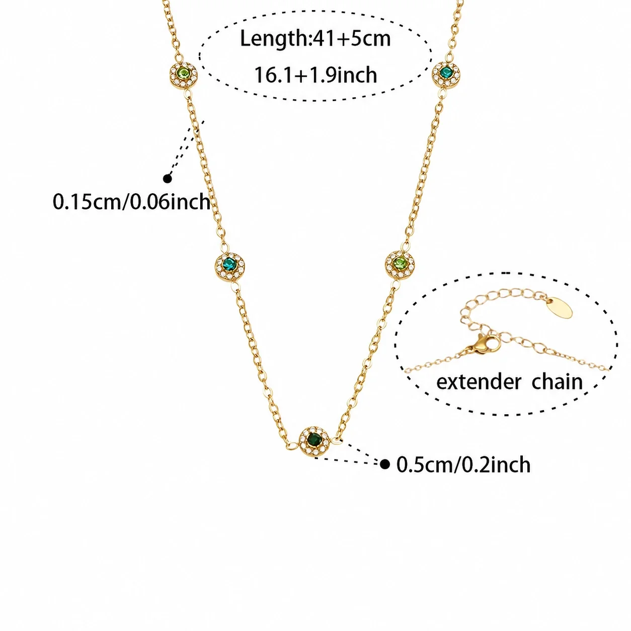 Delicate Bezel CZ Station Stainless Steel Jewelry Set - Gold Green CZ 41+5 cm