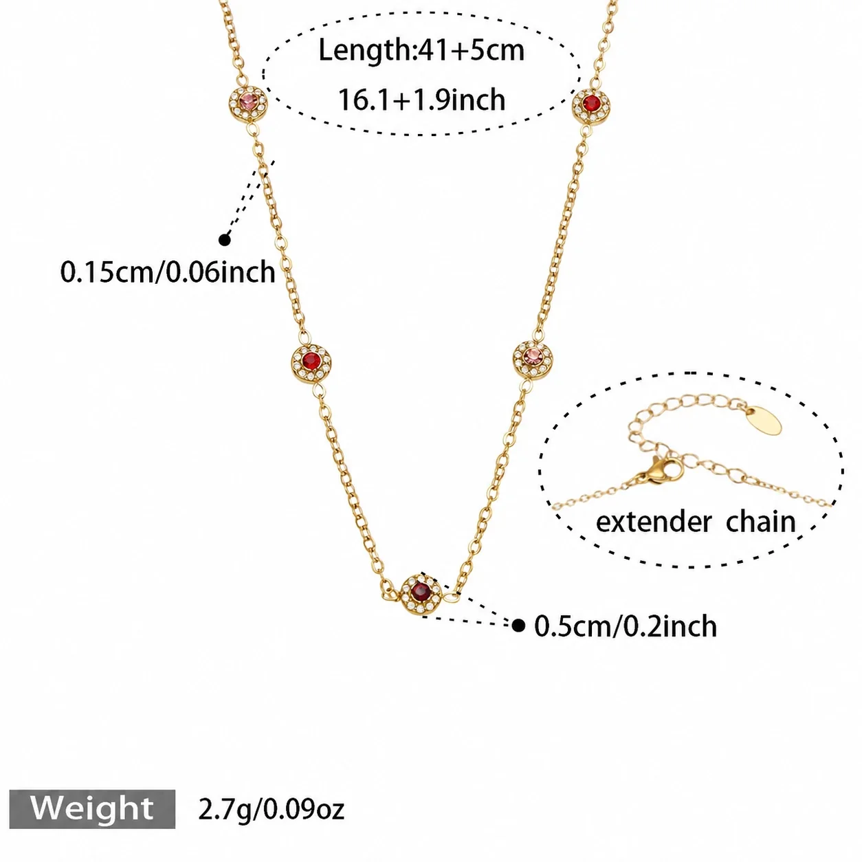 Delicate Bezel CZ Station Stainless Steel Jewelry Set - Gold Red CZ 41+5 cm