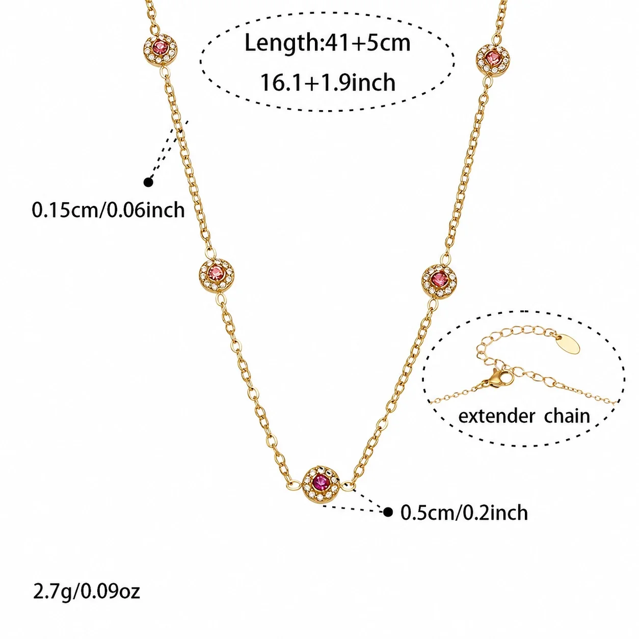 Delicate Bezel CZ Station Stainless Steel Jewelry Set - Gold Pink CZ 41+5 cm
