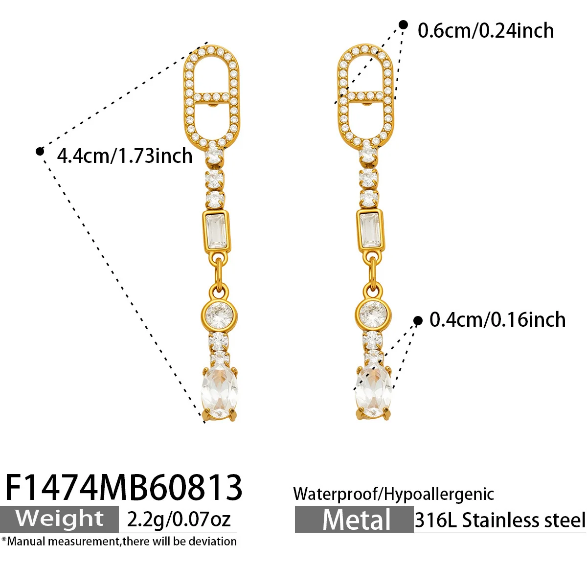 Foto del producto: Pendientes colgantes con eslabones de cristal y tallas mixtas, acero inoxidable 316