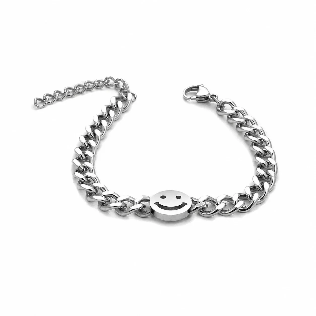 Pulseira em aço inoxidável prateada com smiley e malha curb