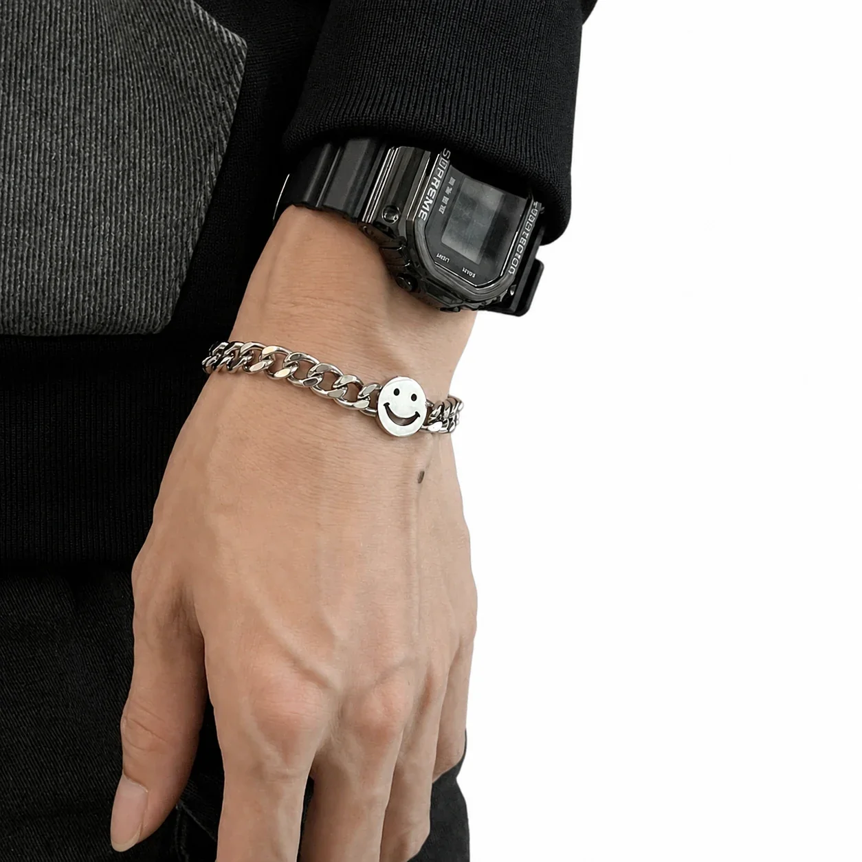 Playful Stainless Steel Silver-Tone Curb Smiley Bracelet