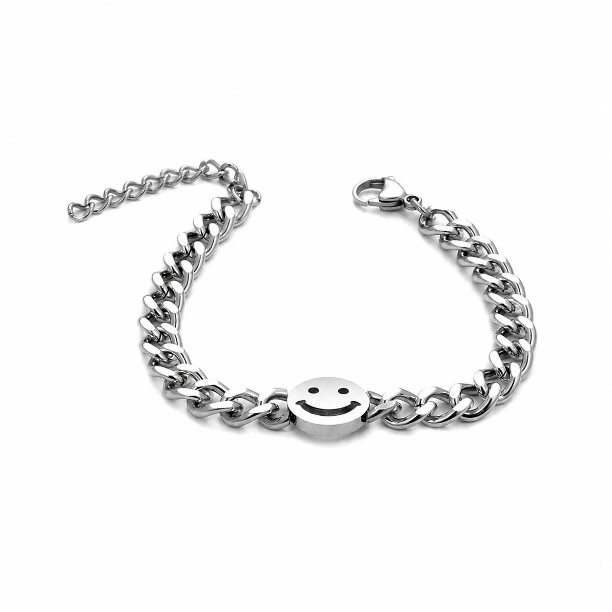 Playful Stainless Steel Silver-Tone Curb Smiley Bracelet - Silver