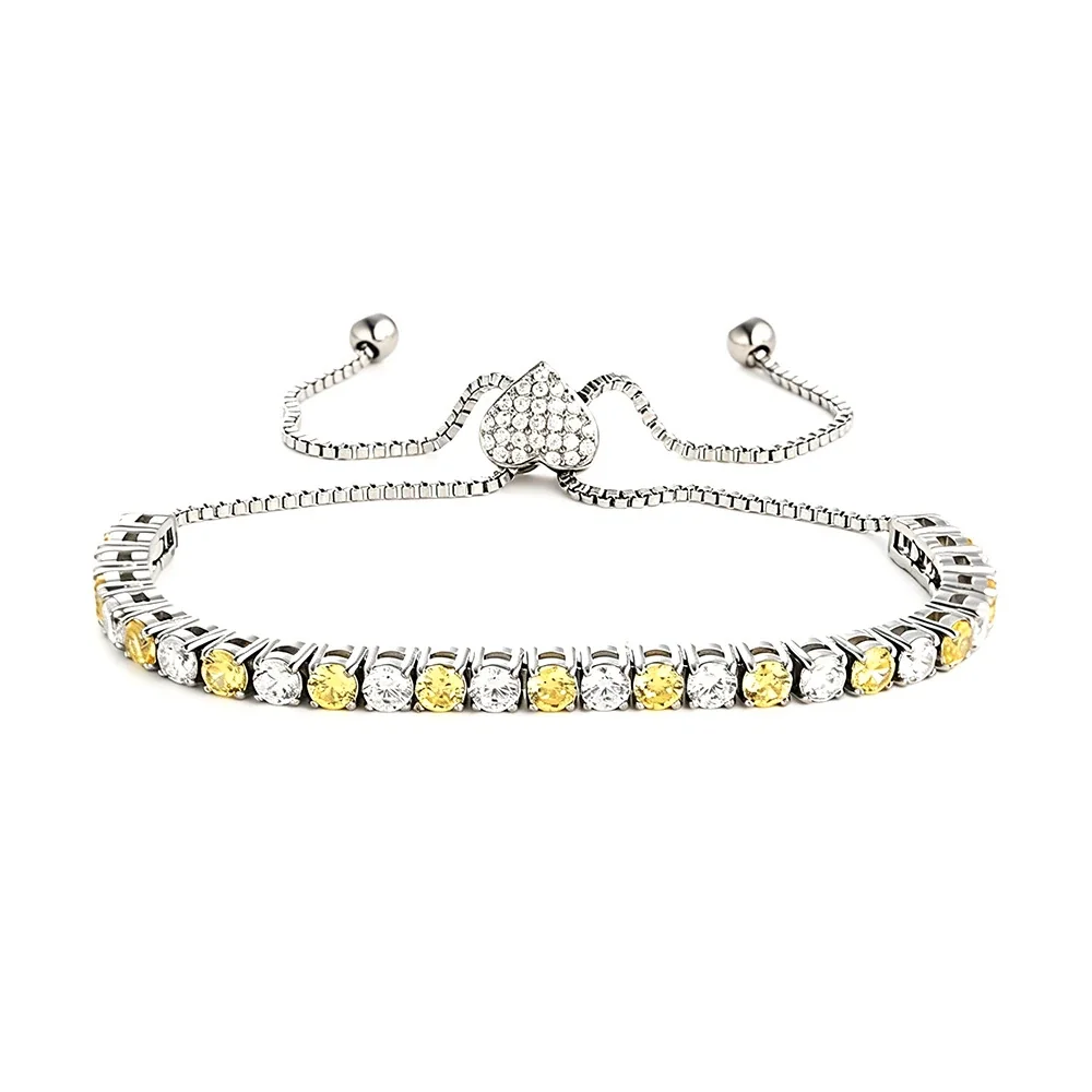 Polished 316 Stainless Steel Pavé Slider Tennis Bracelet - mm Silver Heart Slider Yellow White CZ